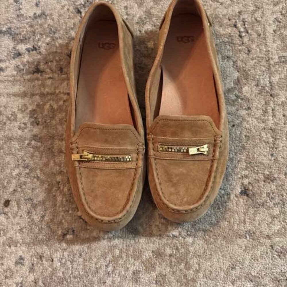 UGG Tan Suede Slip-On Loafers with Gold Accent - Picture 2 of 6